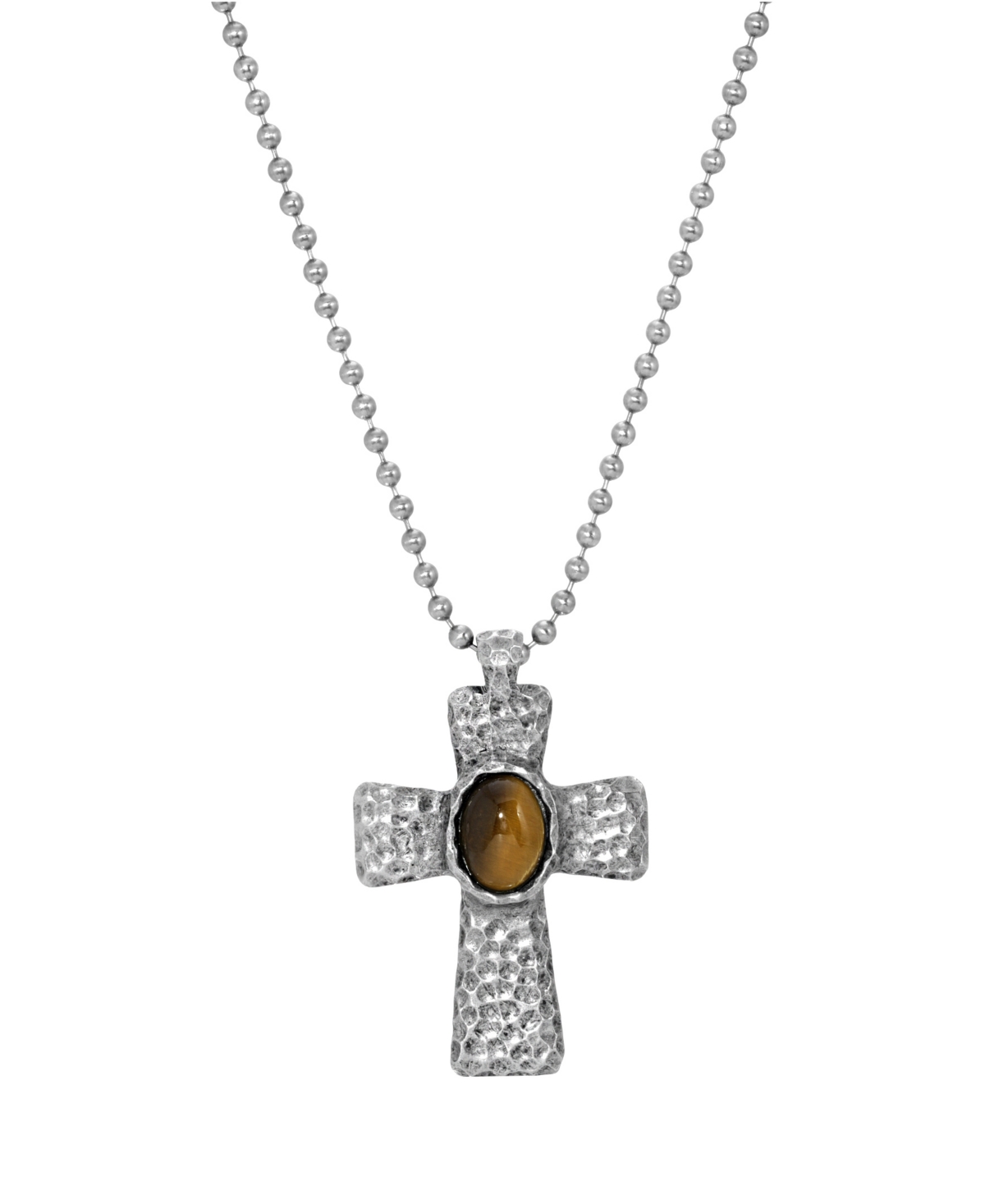 Men's Silver-Tone Tiger Eye Hammered Metal Cross Necklace - Brown