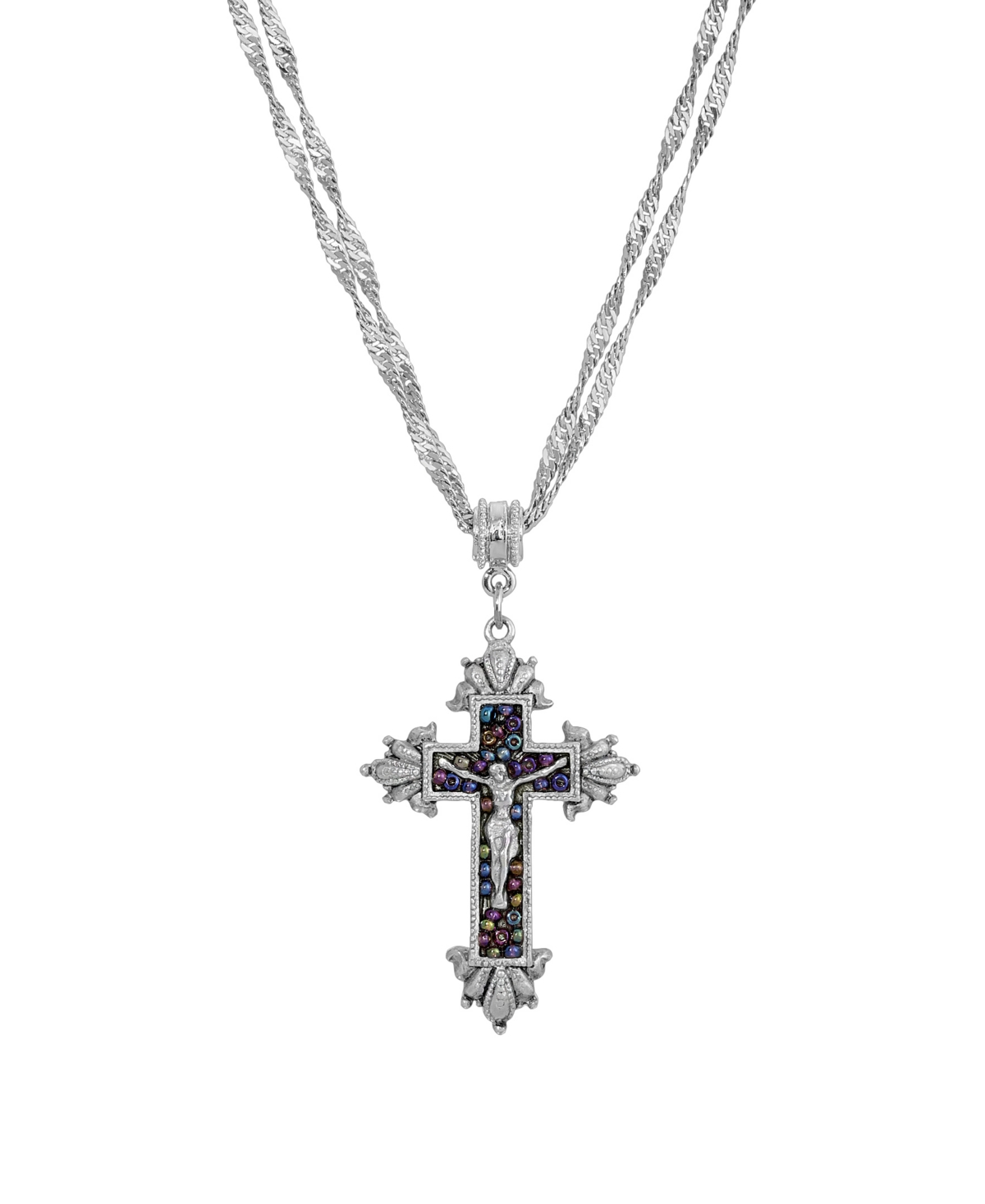 Pewter Crucifix with Purple Seeded Beads Necklace - Purple