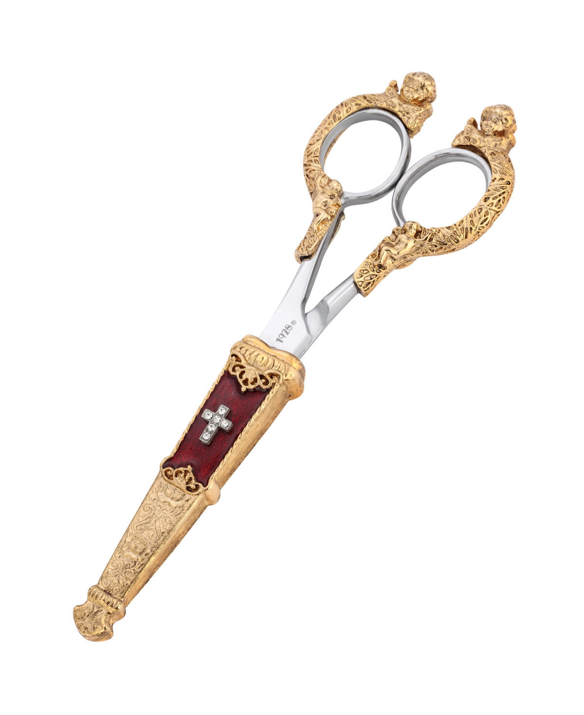 Symbols Of Faith Gold-tone Crystal Cross Red Enamel Scissor Holder With Scissors