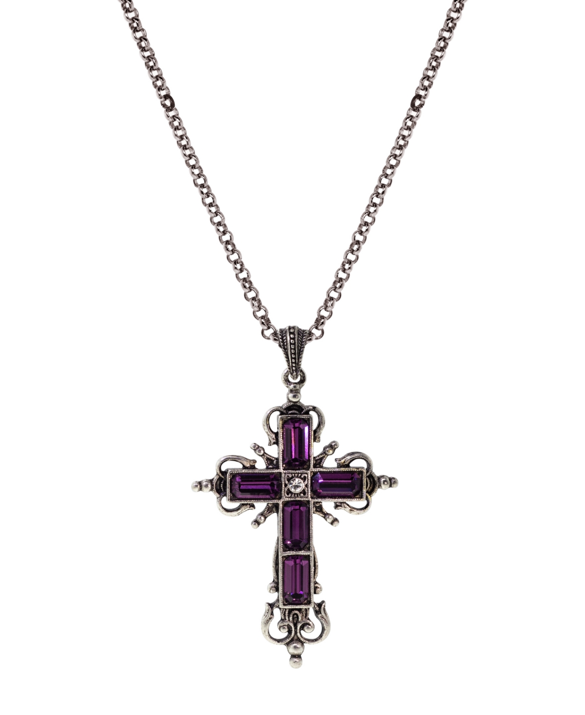 Silver-Tone Purple Crystal Cross Necklace - Purple