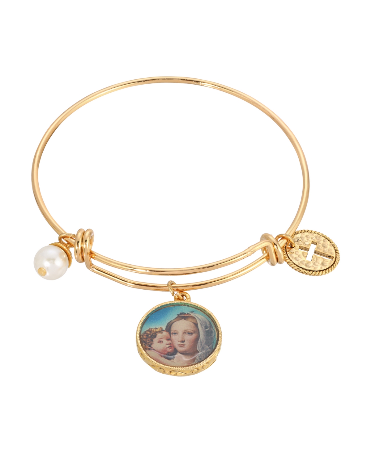 14K Gold Dipped Cross Mary and Child Charm Bangle Bracelet - Yellow