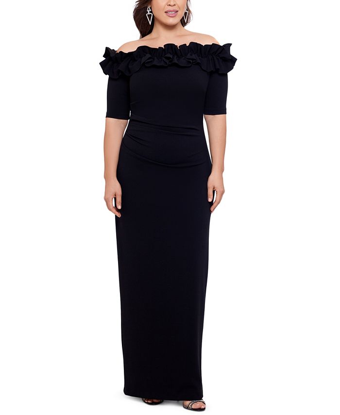 XSCAPE Plus Size Ruffled Off-The-Shoulder Gown - Macy's