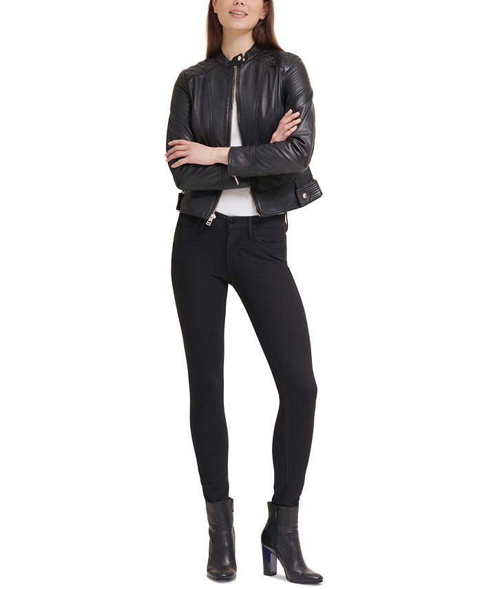 GUESS Women's QuiltedShoulder Leather Coat, Created for Macy's