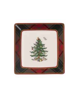Christmas Tree Tartan Square Tidbit Plates, Set of 4