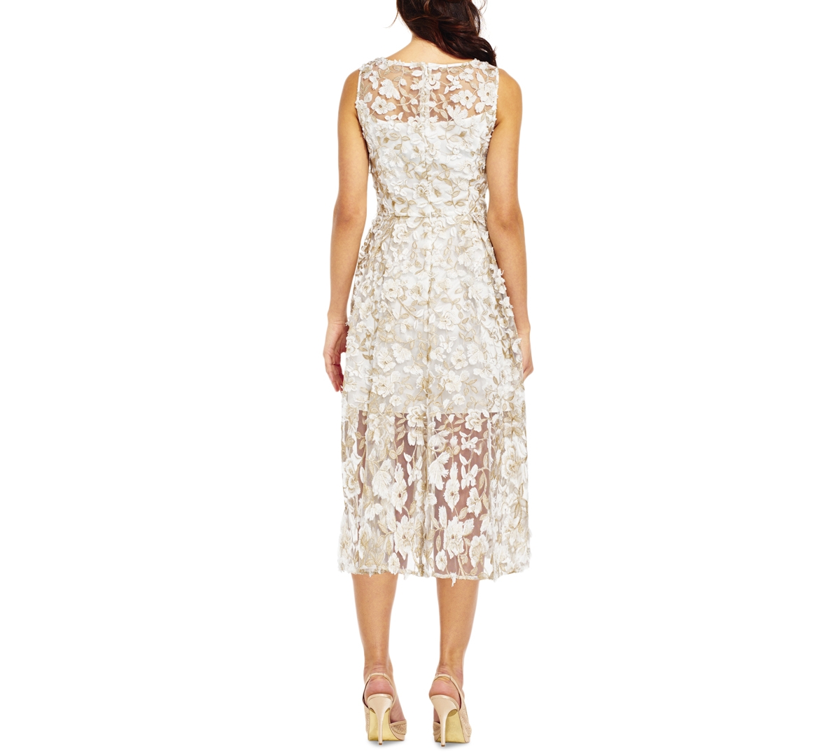 Adrianna Papell Floral-Appliques Midi Dress -Gold