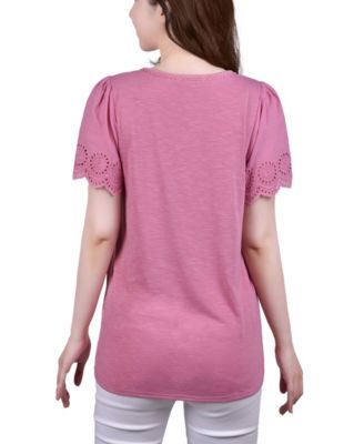 Women's Short Eyelet-Cut-out Sleeve Scoop Neck Top