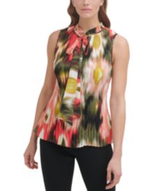 Printed Pleated Tie-Neck Top