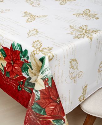Elrene - Clarette Poinsettia Double Border Heat Transfer Fabric Tablecloth, 60" x 102"