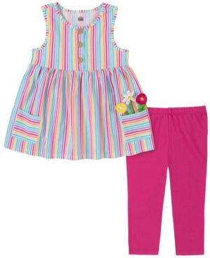 Kids Headquarters Little Girls 2-Piece Multi-Stripe Tunic Top and Capri Leggings Set