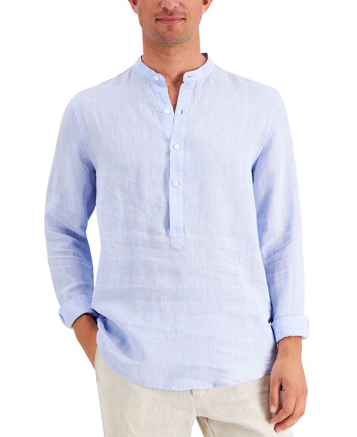 Tasso Elba Men's Banded Collar Linen Shirt, Created for Macy's - Macy's