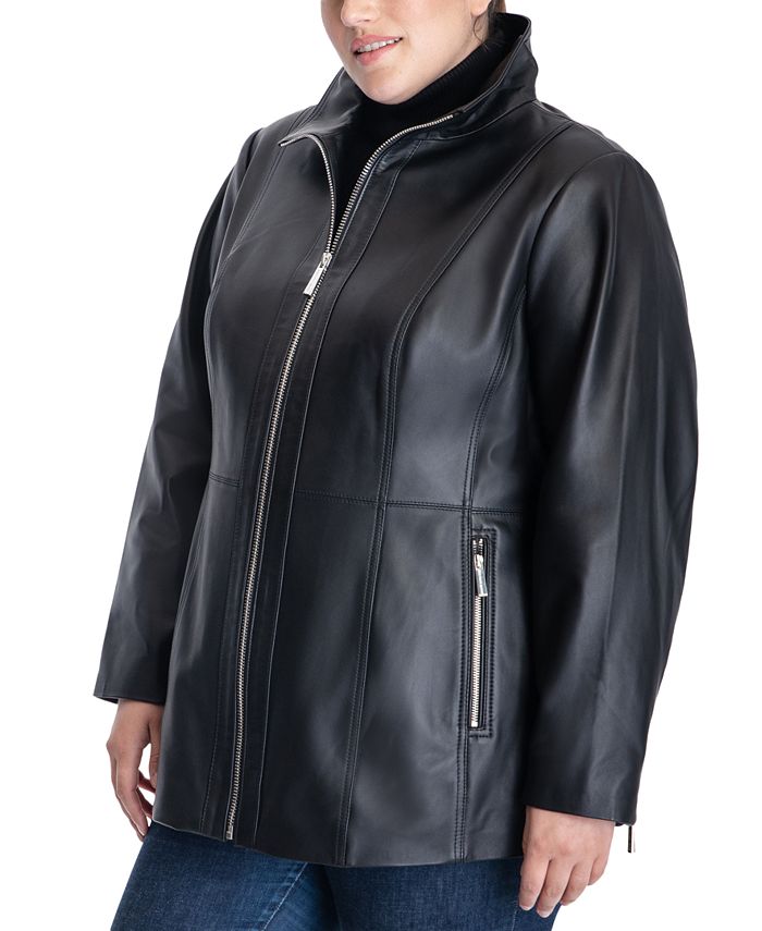 Michael Kors Plus Size Leather Funnel-Neck Jacket &amp; Reviews - Coats ...