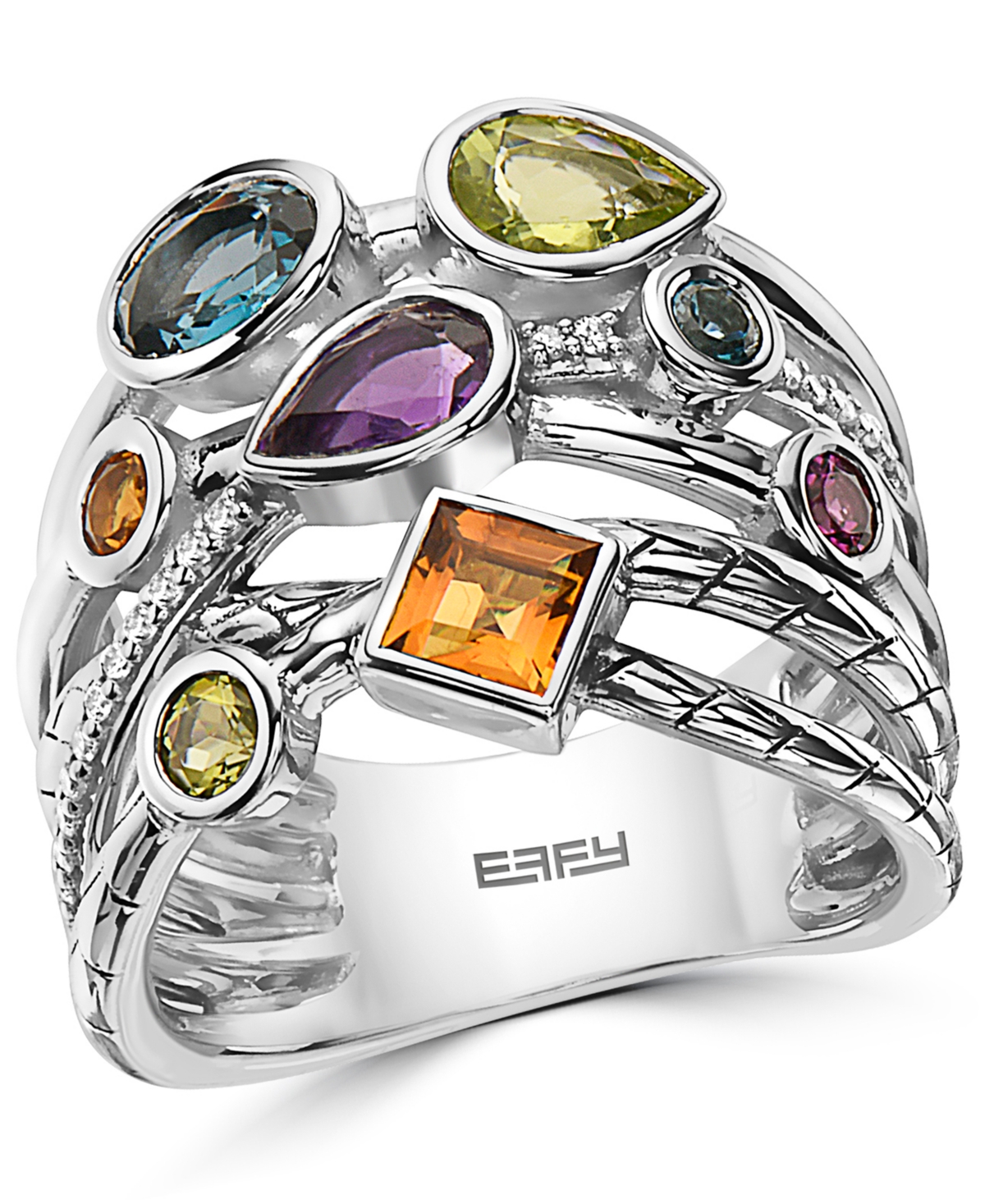 Effy Multi-Gemstone (1-3/4 ct. t.w.) & Diamond (1/10 ct. t.w.) Multirow Ring in Sterling Silver - Multi-gemstone