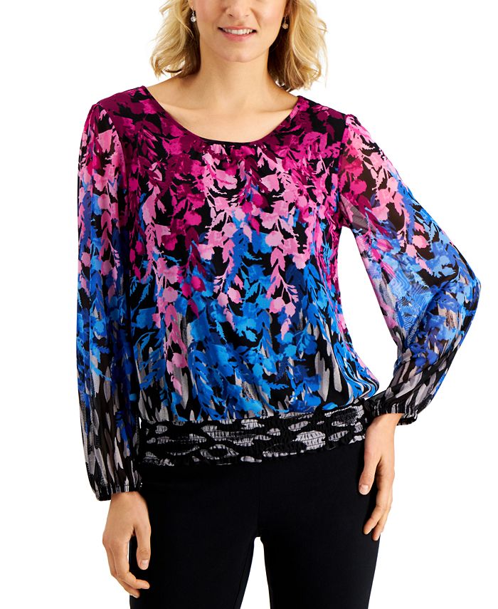 JM Collection Printed Mesh SmockedHem Top, Created for Macy's Macy's