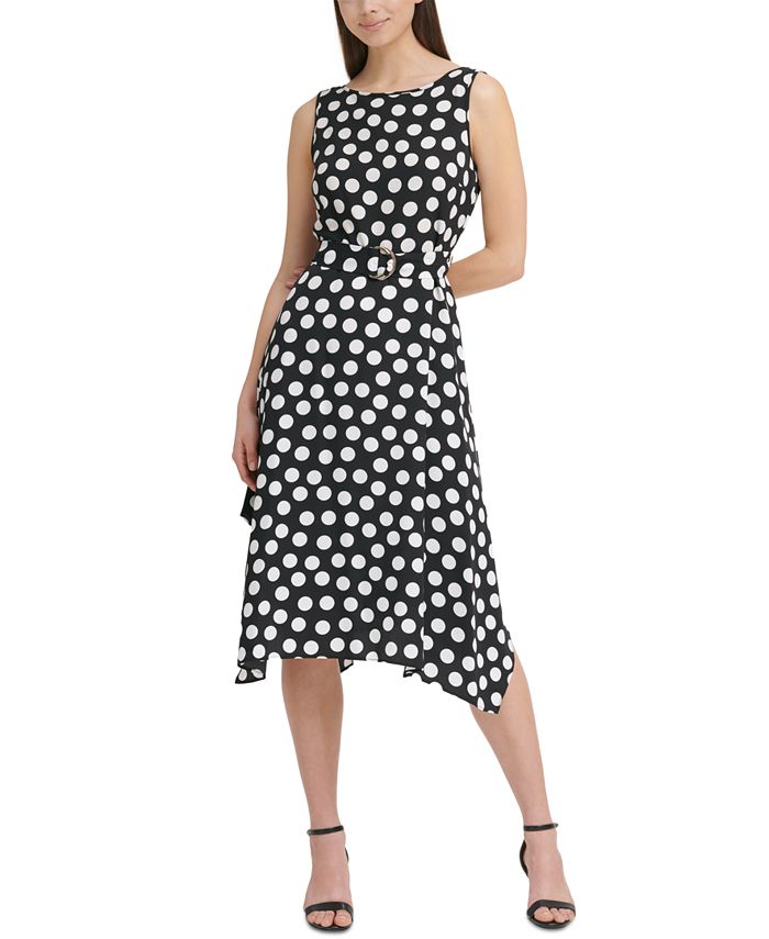 Karl Lagerfeld Paris Polka-Dot Belted Midi Dress - Macy's