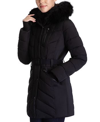 Michael Kors Women's Belted Faux-Fur-Trim Hooded Puffer Coat, Created ...