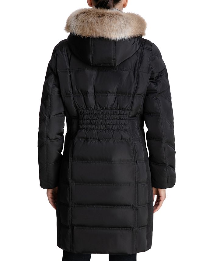 women's chevron faux fur trim hooded down puffer coat