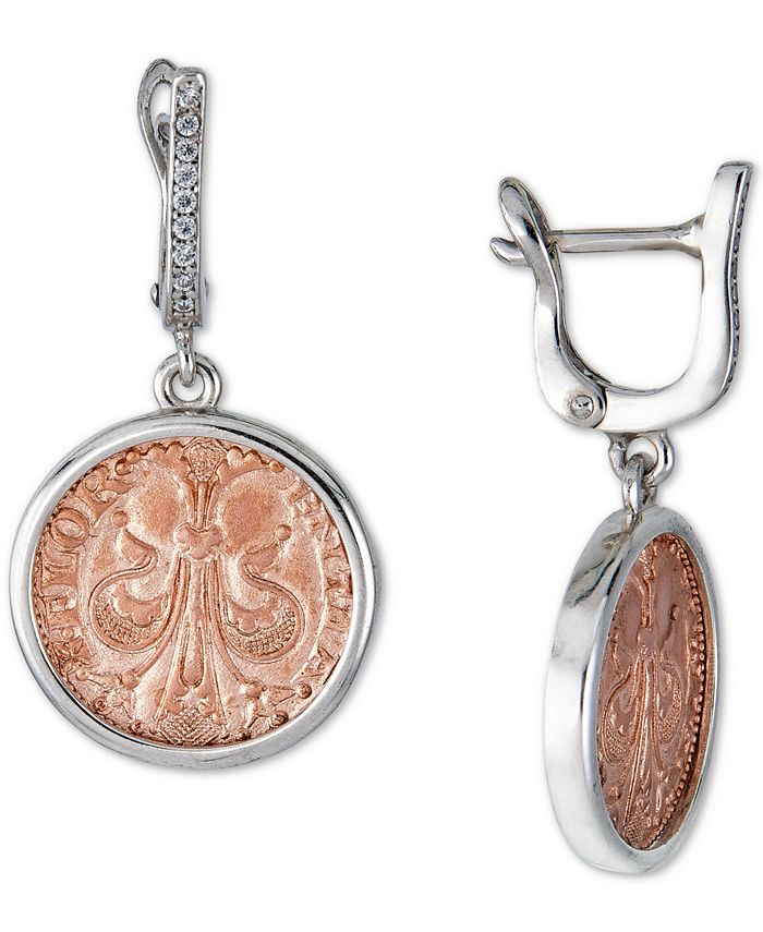 Macy's - Diamond Coin Drop Earrings (1/6 ct. t.w.) in Sterling Silver & 14k Rose Gold-Plate