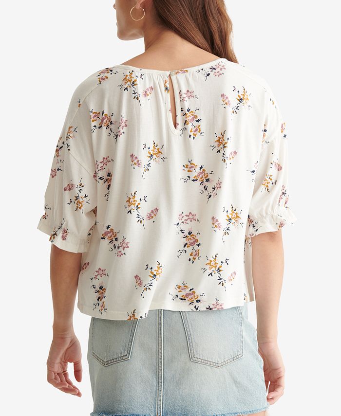 Lucky Brand Floral-Print Keyhole-Back 3/4-Sleeve Top - Macy's