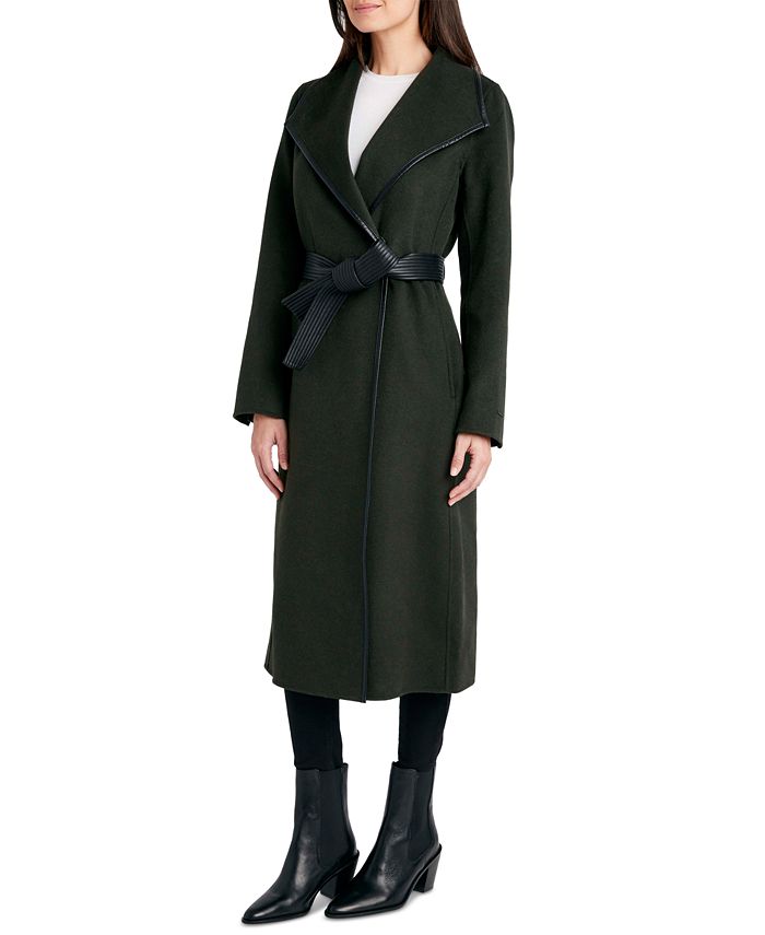 Tahari Petite Faux-Leather-Trim Belted Wrap Coat, Created for Macy's ...