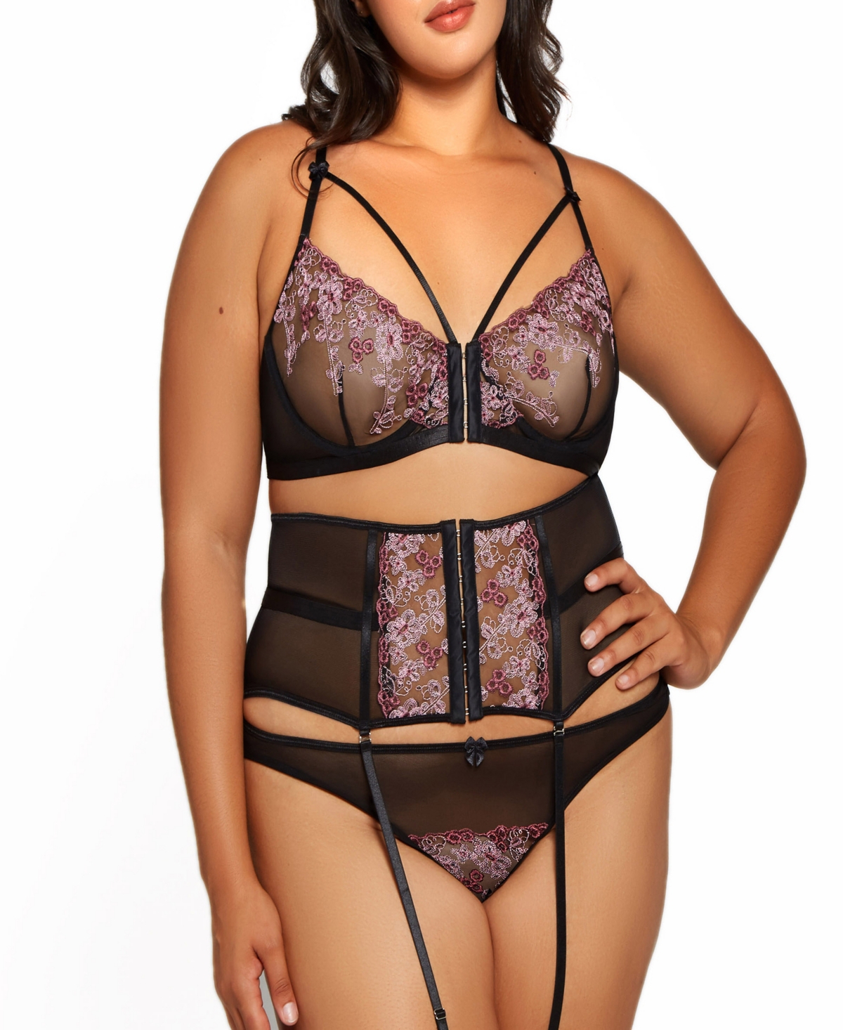 Plus Size Rosemary Lace and Mesh Bralette, Waist Cincher And Panty 3pc Lingerie Set - Fuchsia-Black