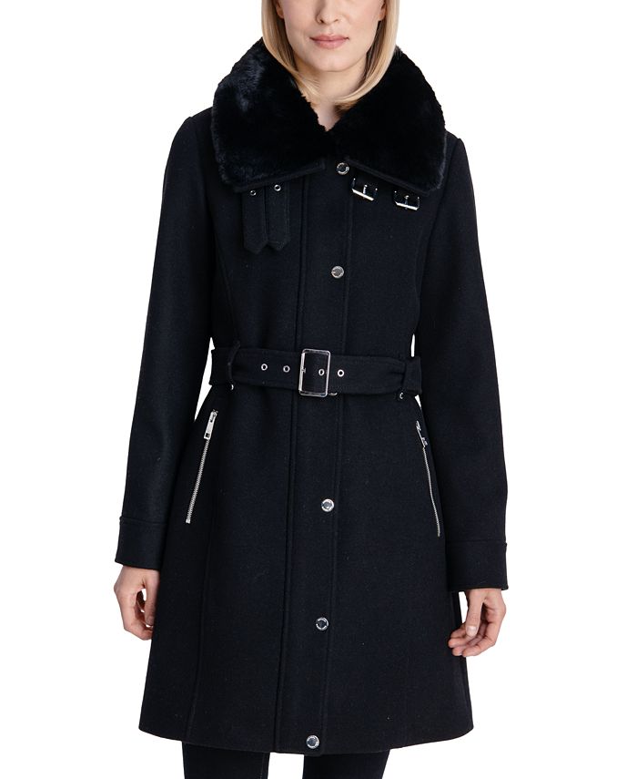 Michael Kors Women's Belted Faux-Fur-Collar Coat - Macy's