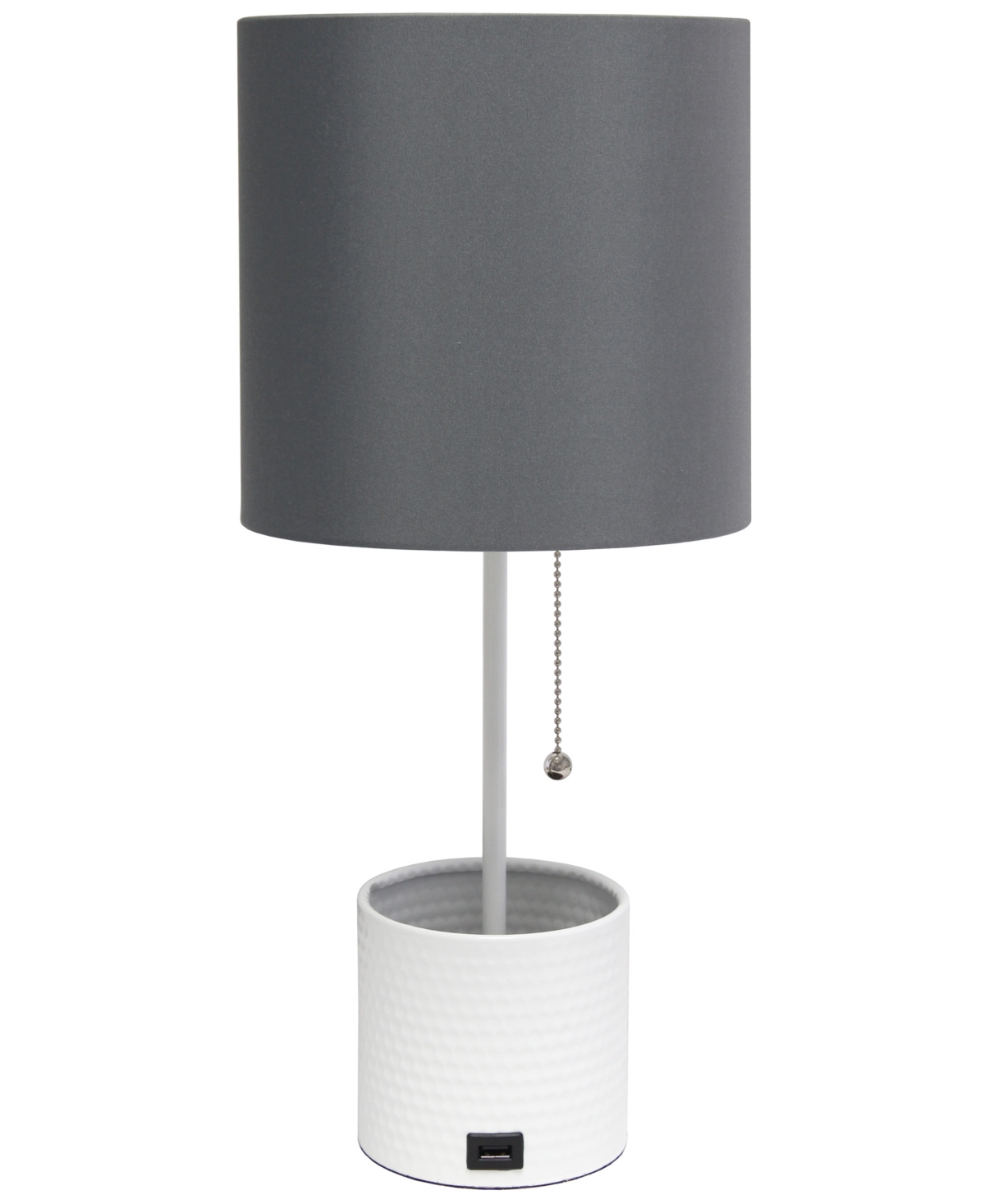 Simple Designs Hammered Metal Organizer Table Lamp With Usb Charging Port And Fabric Shade In Gray,white