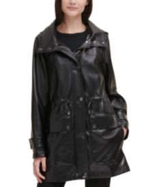 Faux-Leather Hooded Shine Anorak Coat