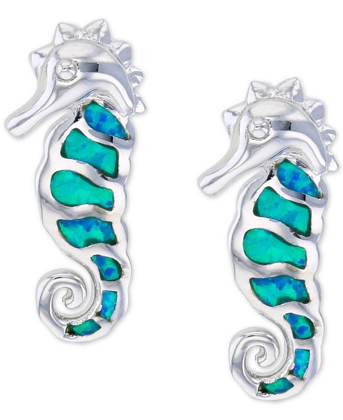 Macy's Lab-Grown Blue Opal Seahorse Stud Earrings in Sterling Silver ...