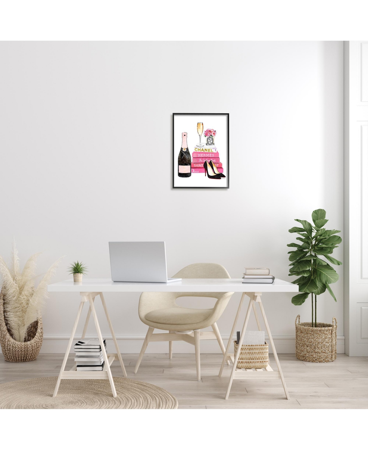 Stupell Industries Glam Pink Fashion Book Champagne Hells and Flowers Framed Giclee Art,