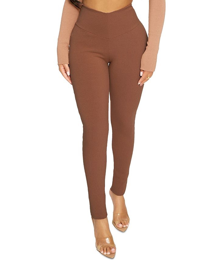 Brown Washed Snatched Rib Leggings, Two Piece Sets