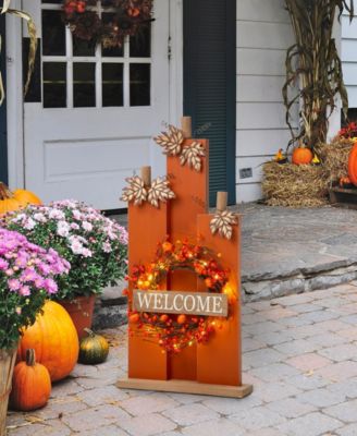 30" H Fall Lighted Wooden Pumpkin Decor with Wreath