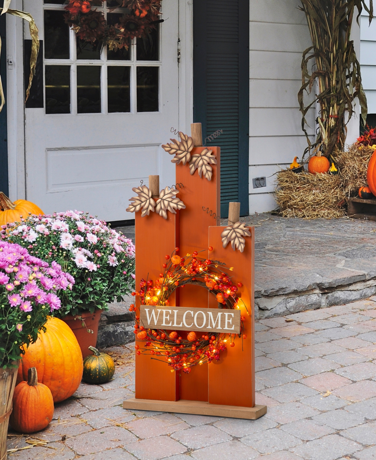 Glitzhome H Fall Lighted Wooden Pumpkin Decor with Wreath