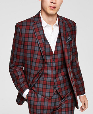 Bar III Men's Slim-Fit Red/Gray Plaid Suit Jacket, Created for Macy's ...