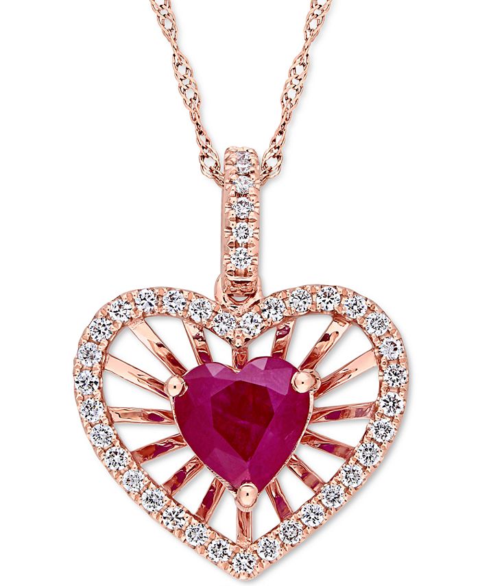 Macy's - Ruby (1 ct. t.w.) & Diamond (1/4 ct. t.w.) Heart Spoke 17" Pendant Necklace in 14k Rose Gold