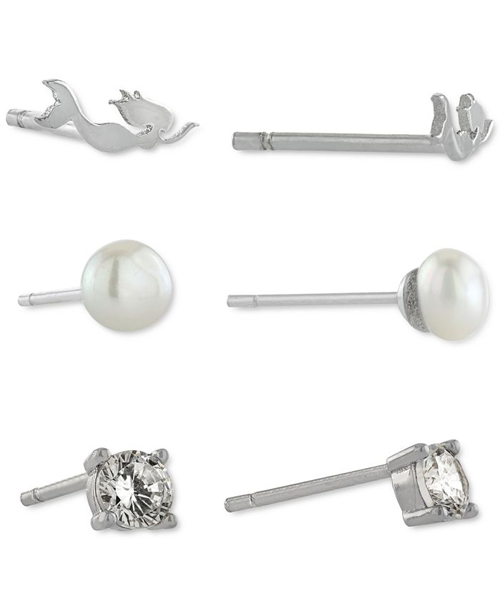 Giani Bernini - 3-Pc. Set Cubic Zirconia, Mermaid, & Imitation Pearl Stud Earrings in Sterling Silver