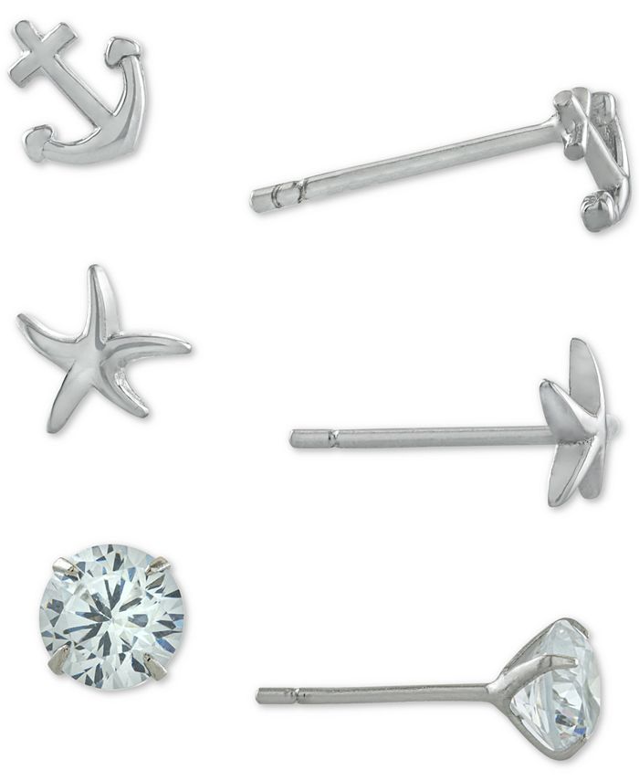 Giani Bernini - 3-Pc. Set Cubic Zirconia Nautical-Themed Stud Earrings in Sterling Silver