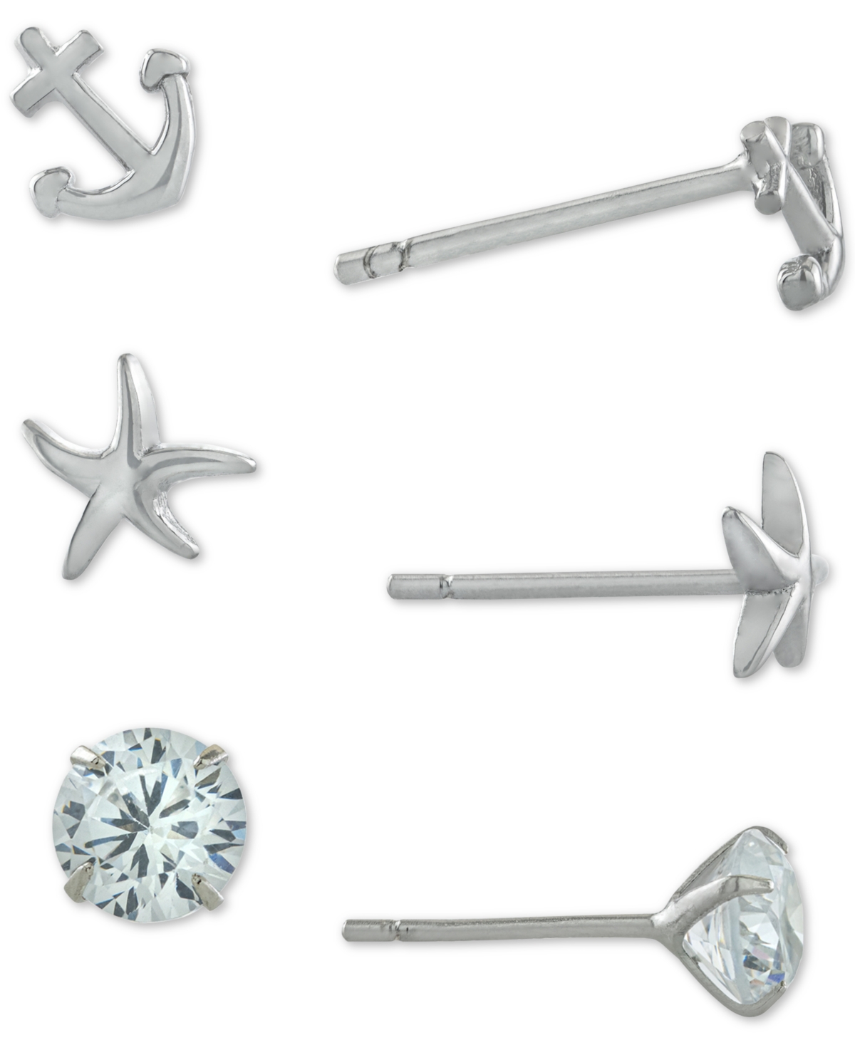 3-Pc. Set Cubic Zirconia Nautical-Themed Stud Earrings in Sterling Silver, Created for Macy's - Sterling Silver