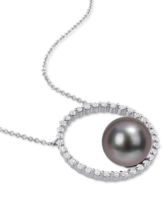 Black Cultured Tahitian Pearl (9-1/2mm) Circle 17" Pendant Necklace in 10k White Gold