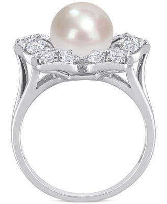 Cultured Freshwater Pearl (8-1/2mm) & Lab-Created White Sapphire (1-1/3 ct. t.w.) Flower Ring in Sterling Silver