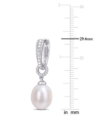 Cultured Freshwater Pearl (8mm) & Diamond Accent Dangle Hoop Drop Earrings in Sterling Silver