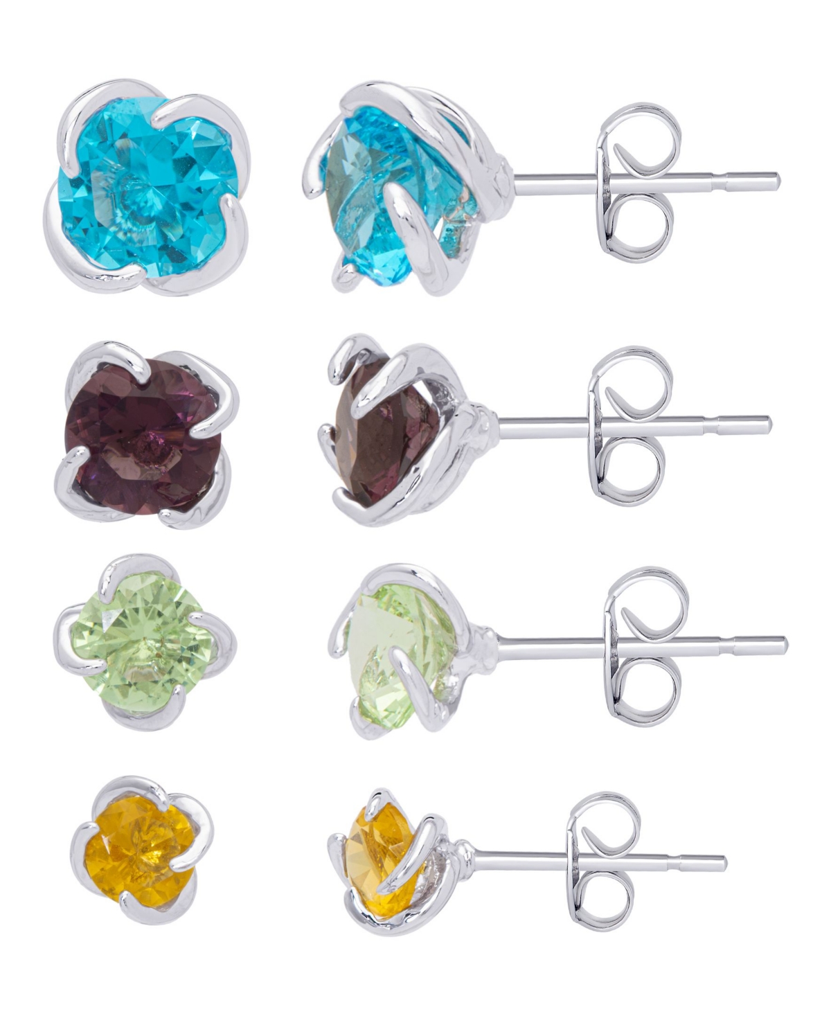 Color Round Stud Silver Plate Earrings, Set of 4 - Multi
