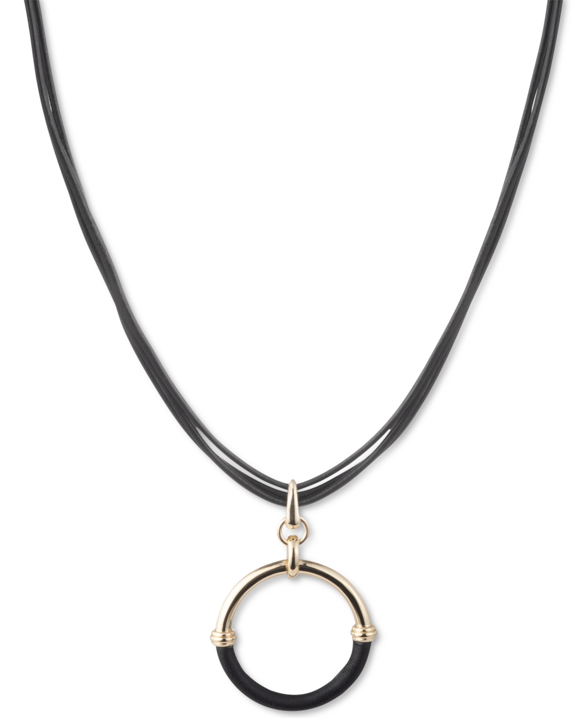 Lauren Ralph Lauren Gold-tone & Leather Ring Triple-cord Pendant Necklace, 16" + 3" Extender In Black