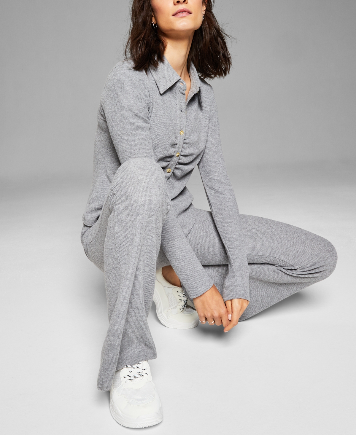 And Now This Women s Ruched Knit Polo Shirt In Grey ModeSens