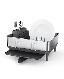 Compact Steel Frame Dish Drying Rack, Brushed Stainless Steel, White Plastic