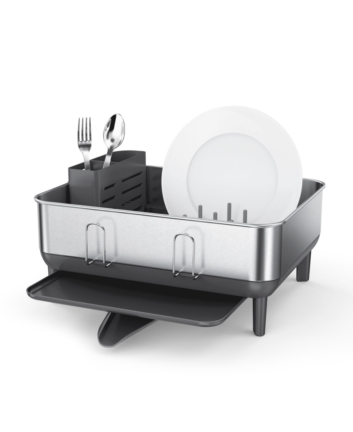 Compact Steel Frame Dish Drying Rack, Brushed Stainless Steel, White Plastic - Brushed Stainless Steel