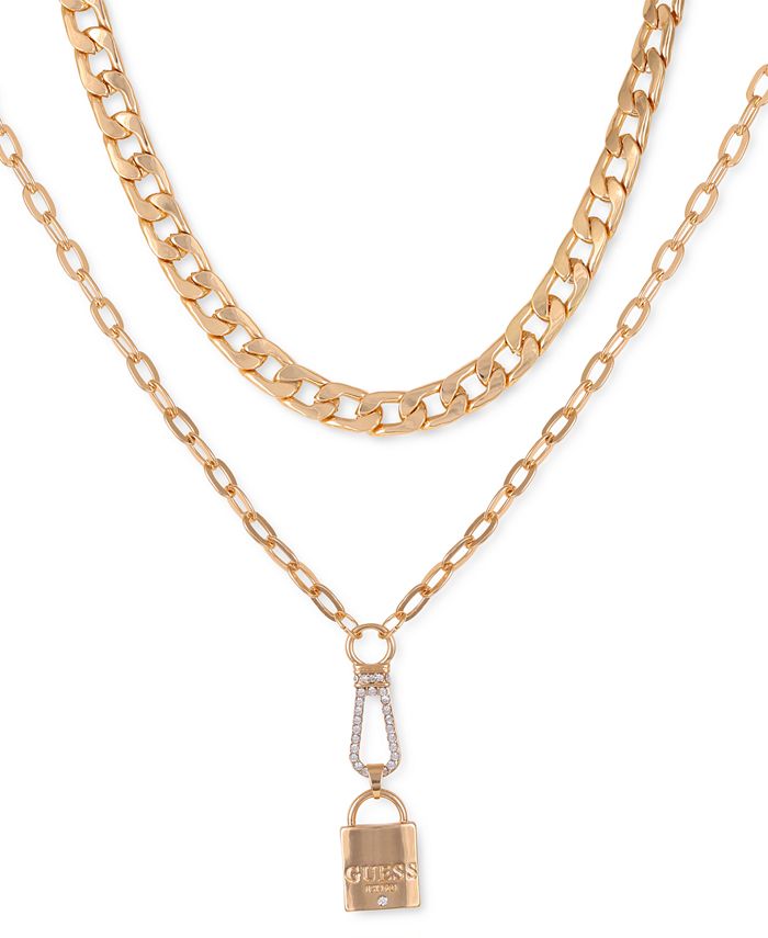 GUESS Gold-Tone Pavé Logo Padlock Layered Pendant Necklace, 16" + 2