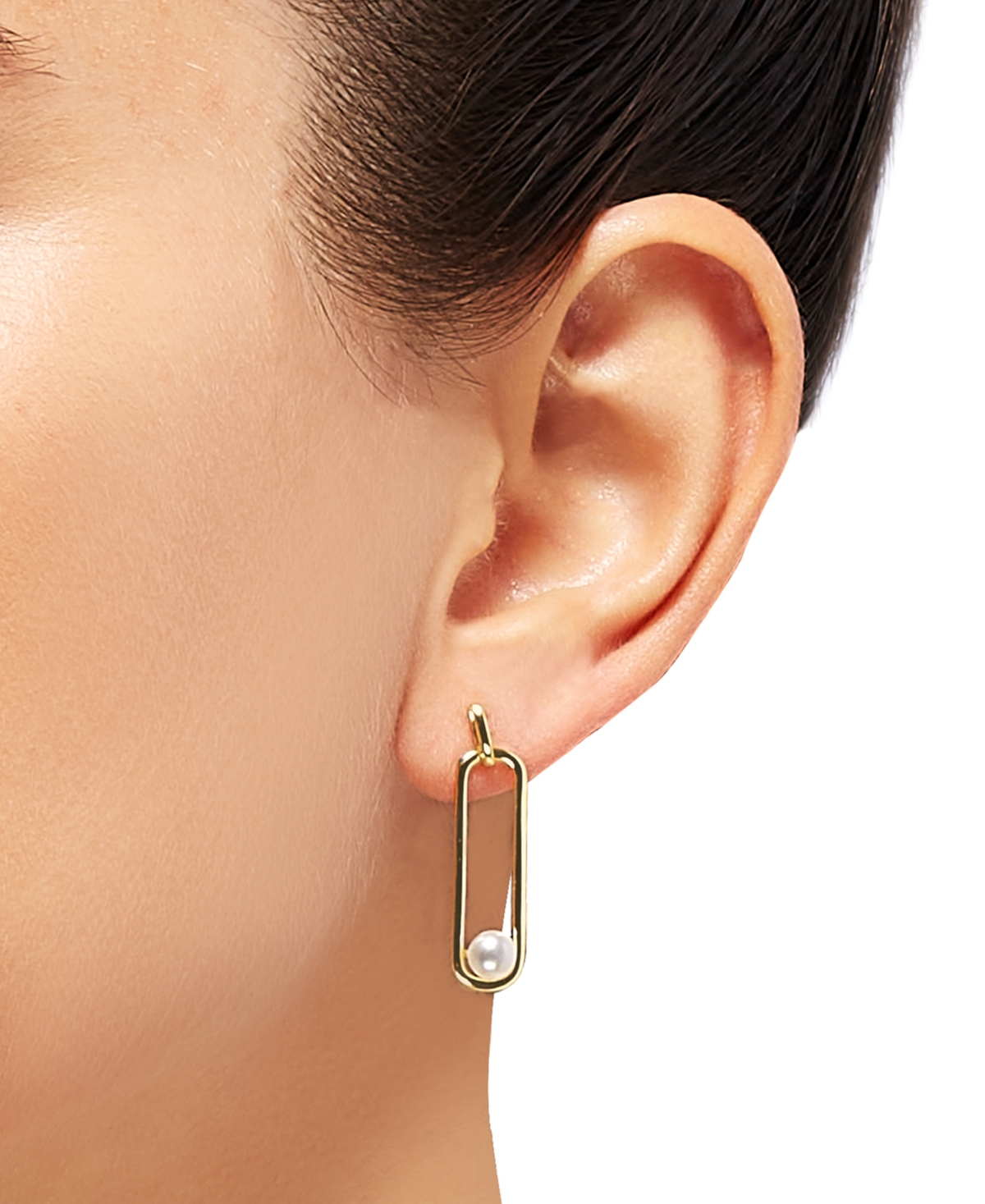 Cultured Freshwater Button Pearl (5mm) Paperclip Drop Earrings in Sterlingor 14K Yellow Gold Over- Silver
