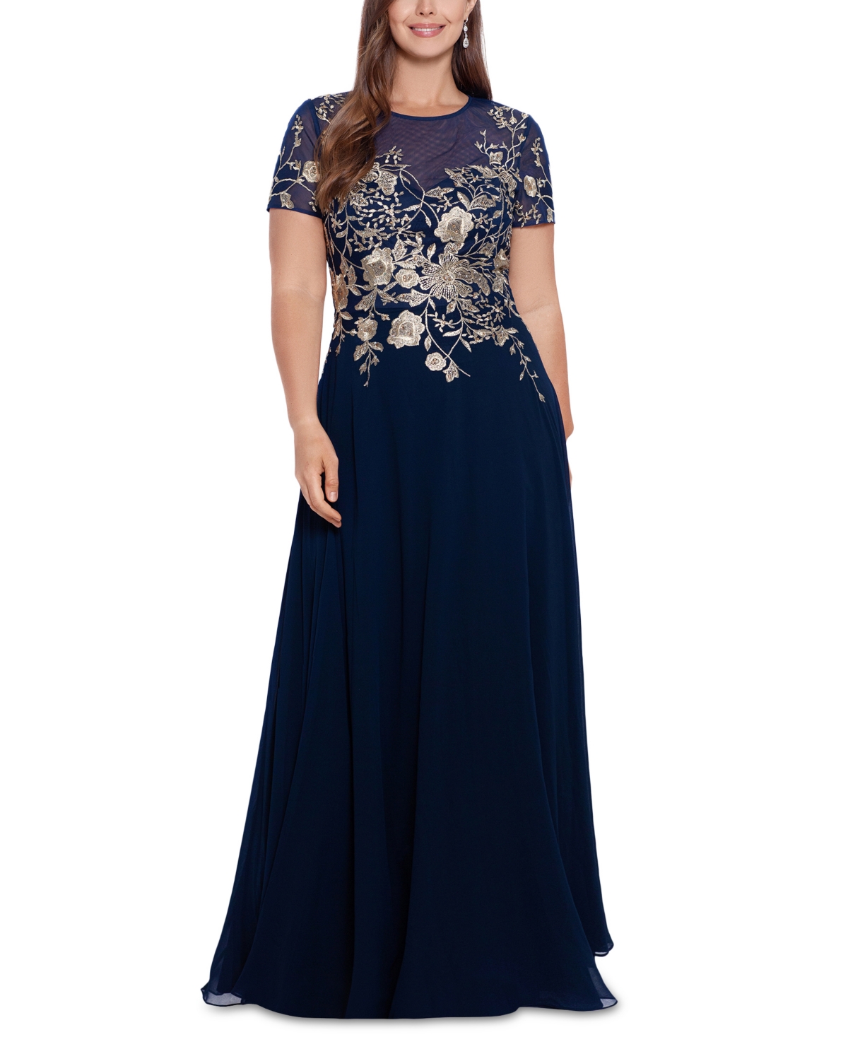 Betsy & Adam Plus Size Beaded Embroidered Gown -gold