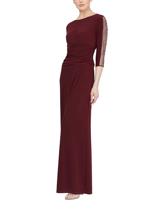 SL Fashions Ruched-Waist Embellished-Sleeve Gown - Macy's