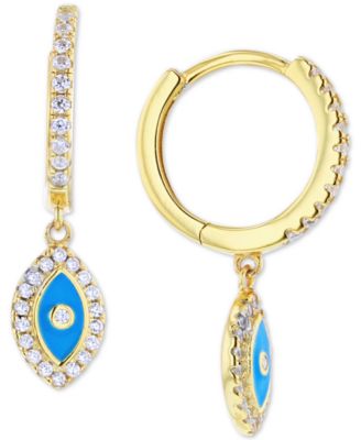 14k solid gold blue popular and white cubic zirconia evil eye hoop earrings